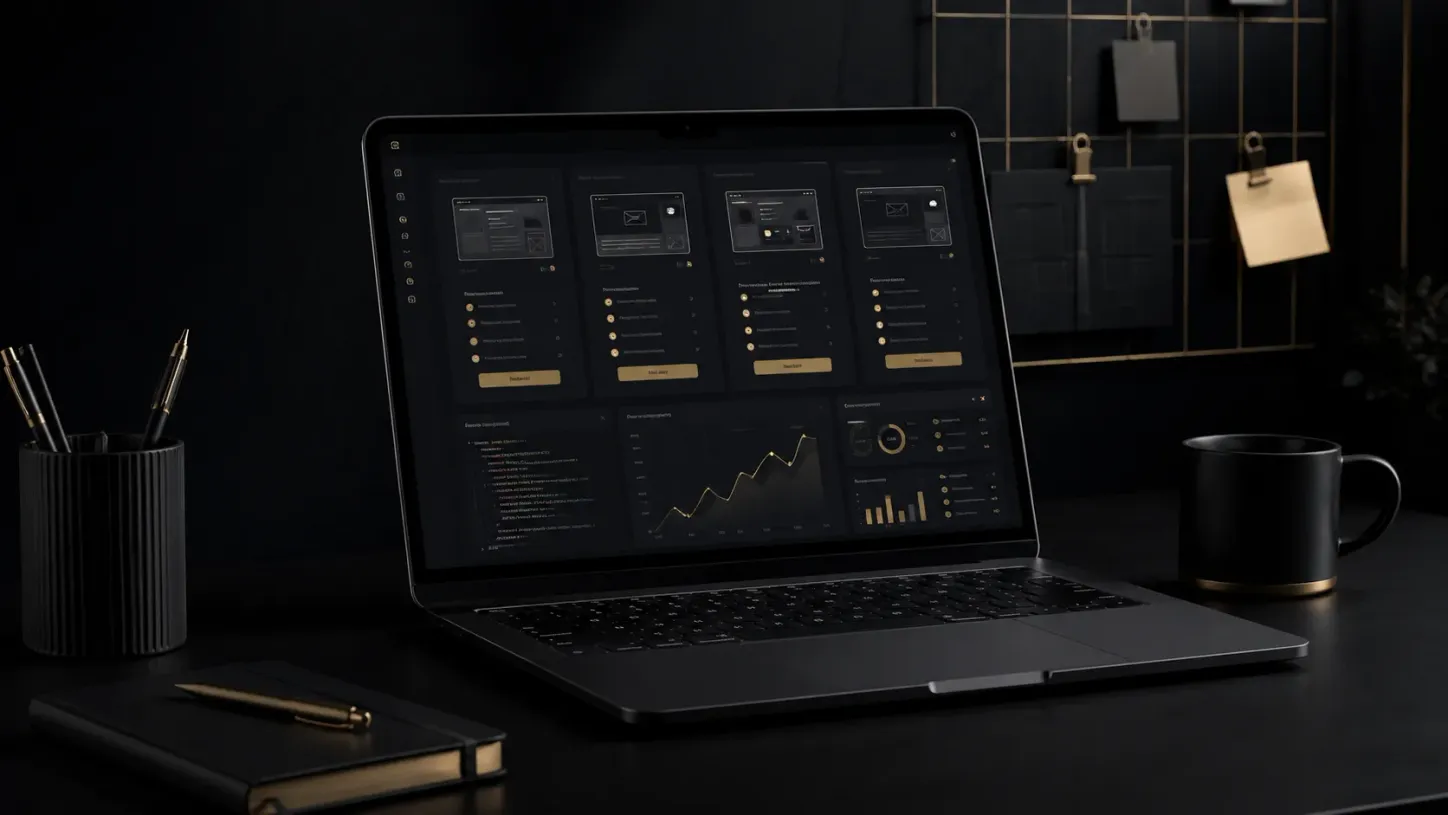 Mesa de trabalho com notebook representando planejamento de preço e estrutura de site profissional.