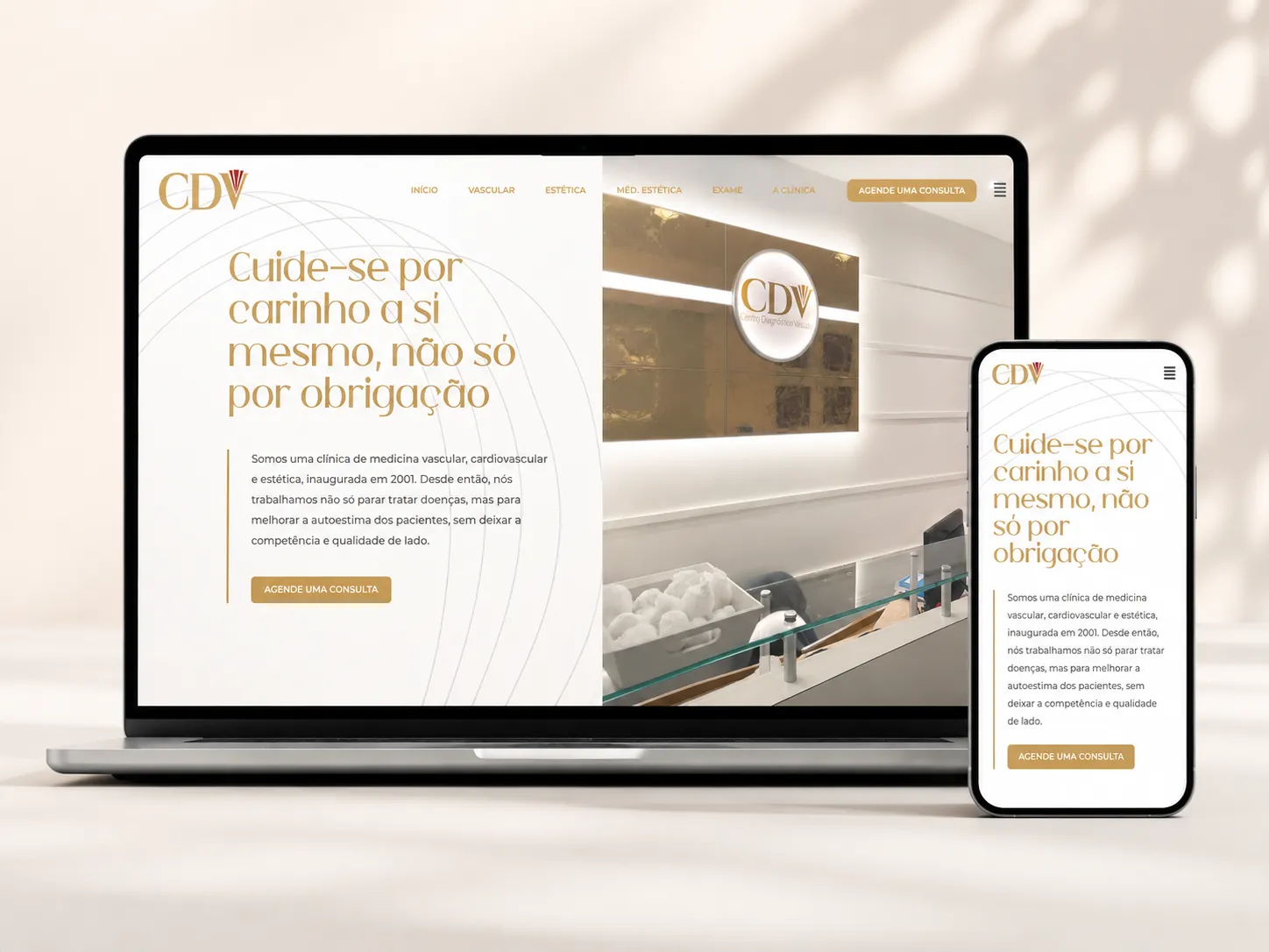 Página de portfólio do site institucional da Clínica CDV, clínica médica com especialidades, exames e agendamento.