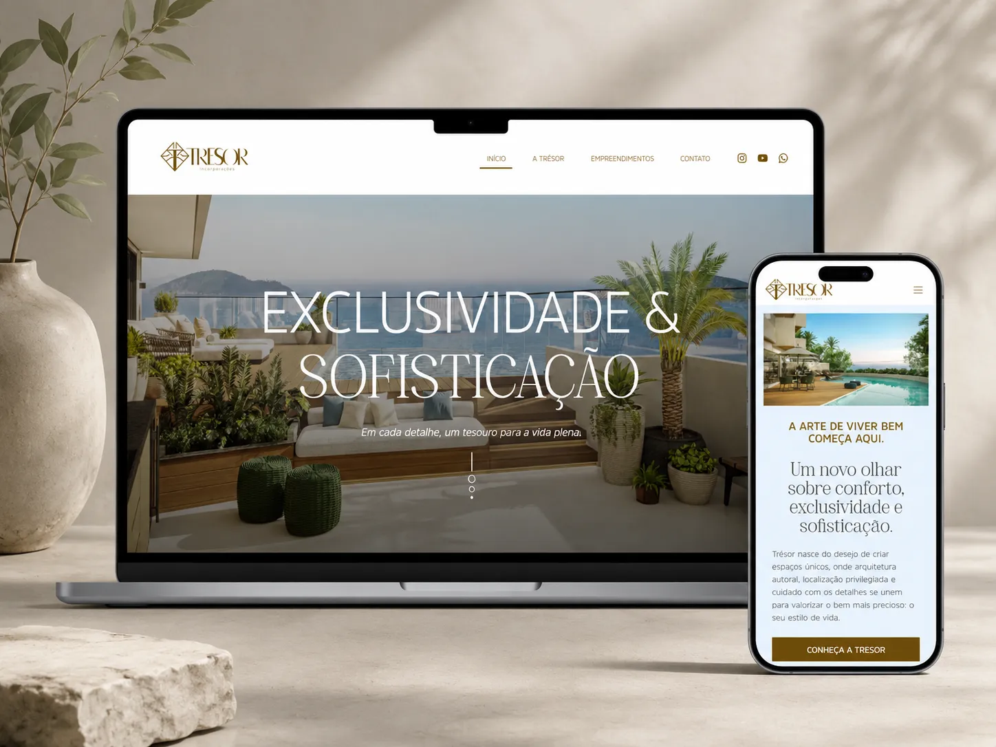Página de portfólio do site institucional da Trésor Incorporações, marca focada em empreendimentos de alto padrão.