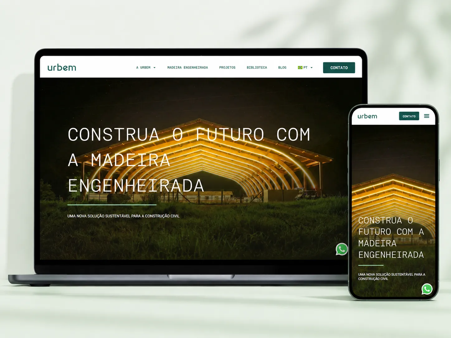 Página de portfólio do site institucional da Urbem, indústria de construção civil sustentável e madeira engenheirada.